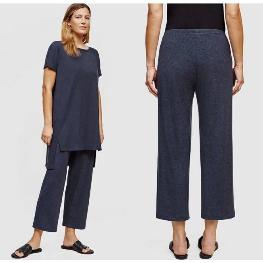 Eileen Fisher Tencel Ribbed Wide Leg Pull On Pants Size M Blue Lounge Stretch